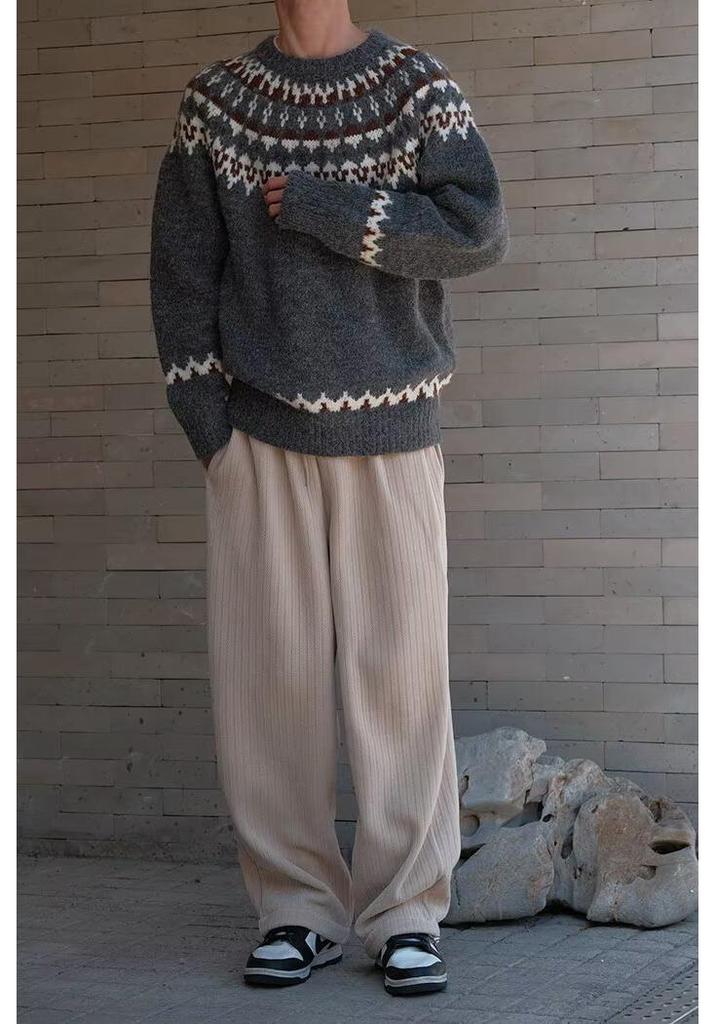 Men's Autumn/Winter French Fair Isle Stripe Knit Sweater - Round Neck, Loose Fit, Versatile Casual Style.