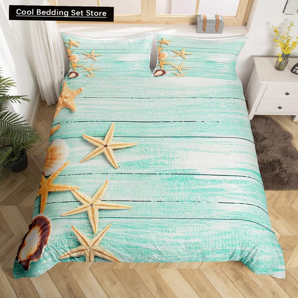 Beach Starfish Seashell King Queen Duvet Cover White Ocean Creatures Bedding Set Hawaii Quilt Cover Polyester Comforter Cover
