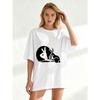 Oversized T Shirt Black Peace Sign And Rabbit Print Casual Streetwear For Women