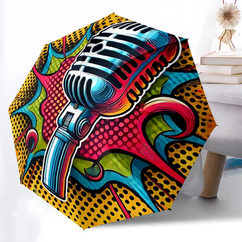 1pc Retro Microphone Automatic Open/Close Umbrella - Portable Collapsible Umbrella with 8-Rib Stability, Fashion Lovers Yy251017150