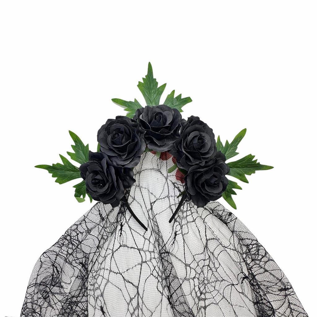 Halloween Gothic Lace Veil Headband With Red Roses Cosplay Hairband For Women Kids Costume Party Accessories