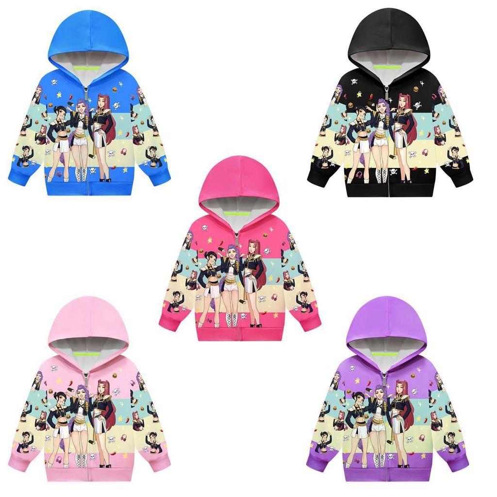 Kids Girls POP Singer Rumi Zoey Mira Printed Casual Hooded Zipper Long Sleeves Jacket Coat