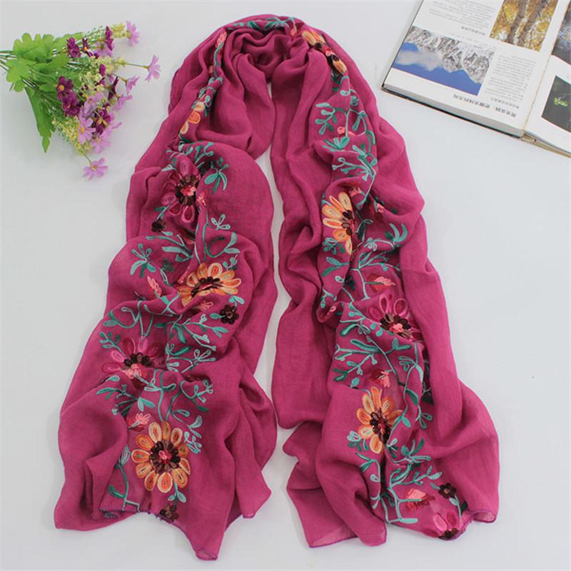 Women Cotton Viscose Shawl Plain Embroider Floral Turban Style Pashmina Wrap Thick Sun Protection Summer Soft Shawl 180*90Cm