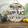 Funny Garden Wooden Sign Vintage This Is My Happy Place Welcome Round Sign Farmhouse Rustic Hanging Wall Decor for Home Bar Patio Man Cave