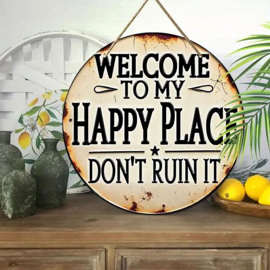 Funny Garden Wooden Sign Vintage This Is My Happy Place Welcome Round Sign Farmhouse Rustic Hanging Wall Decor for Home Bar Patio Man Cave