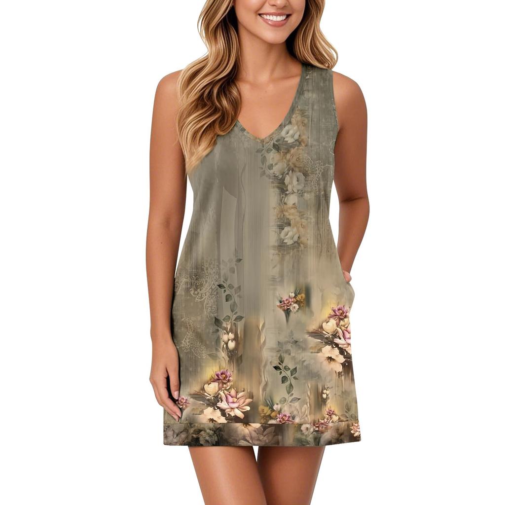 Women's V-neck Sundress Sleeveless Casual Floral Print Dress With Pockets