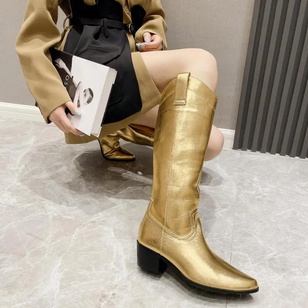 Fashion 2025 New Women's Boots Gold/silver Leather Thick Heel V Mouth Pointed Toe Knee High Boots Fashion Western Cowboy Knight Boots
