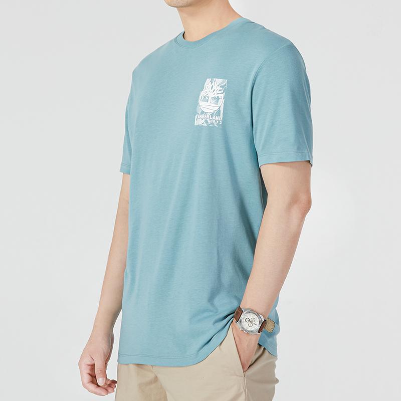 Timberland Logo Plant Print Round Neck American Vintage Dopamine Short Sleeve T-Shirt Men Tops Sky-Blue A62HD-G99