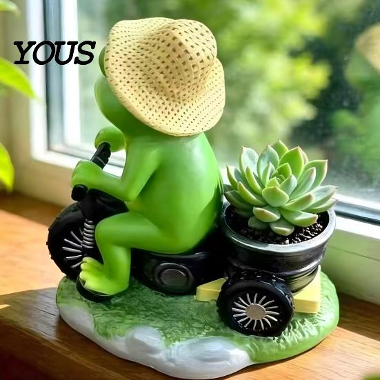 Handcrafted Resin Frog Figures Cycling Figurine, Creative Flowerpot, Garden Statue, Weather Resistant Accessories for Plant Pots Succulents Pot, Micro