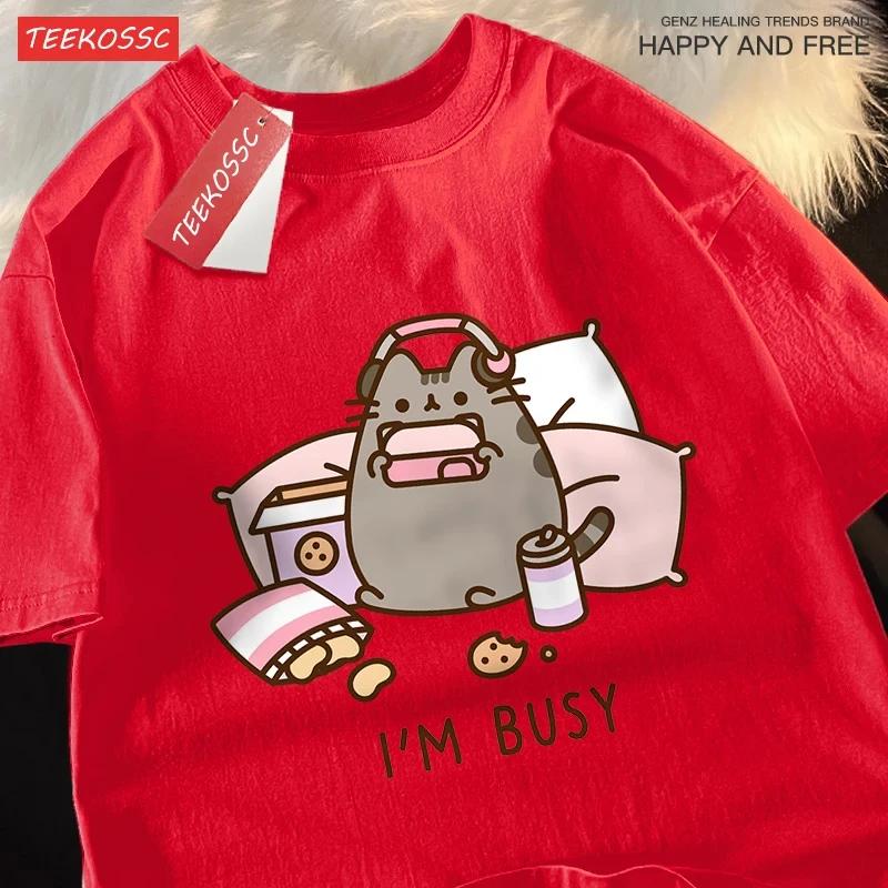 2025 Beschäftigte Katze spielt Spiele mit Kopfhörern Herren T-Shirt Hohe Qualität Markenkleidung Lockere T-Shirts Baumwollhemd Tops Paar