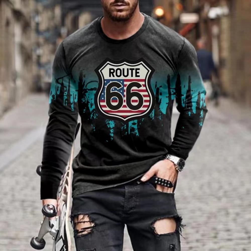 ETST31 2024 Heren T-shirts Lange Mouw 3D Print Top Casual Katoen Vintage T-shirt Vintage Route 66 Tee Los Sport O-hals Kleding 5xl 5XL