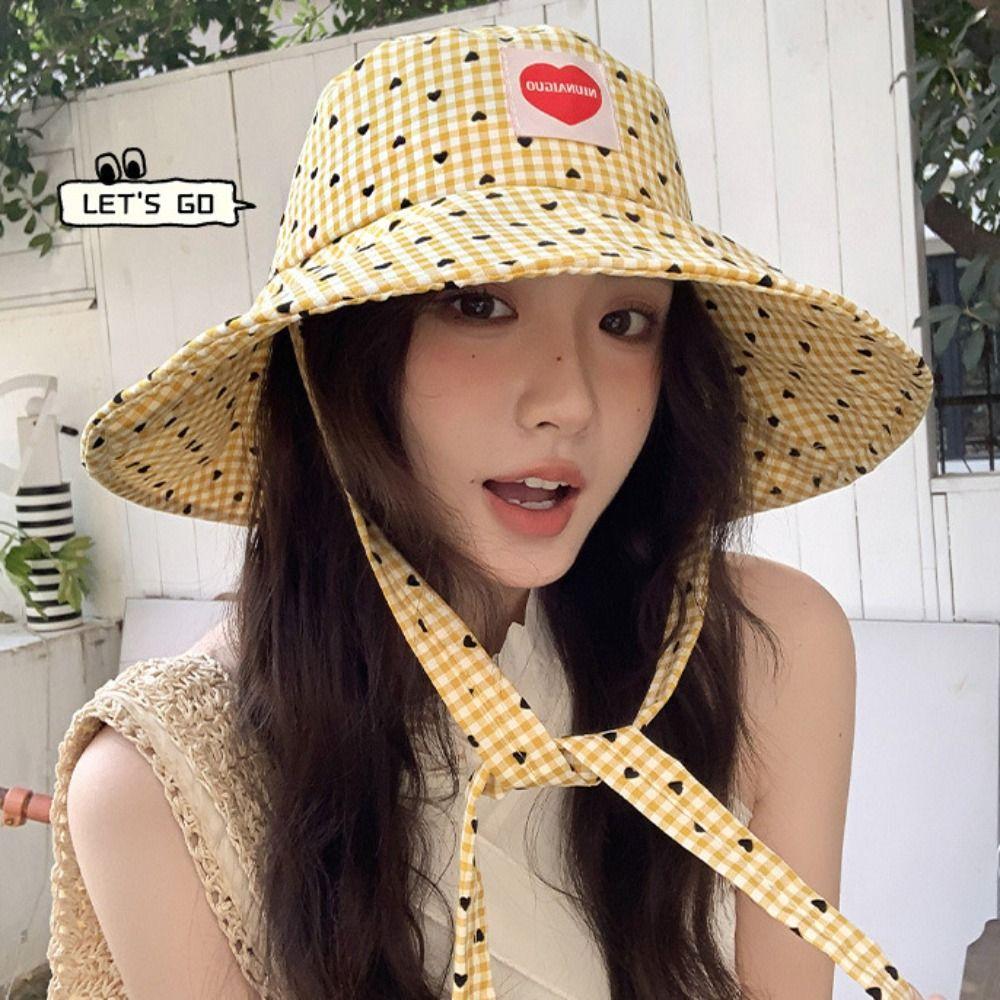 Lace Up Hiking Fisherman Hat Sun Protection Plaid Hiking Cap Fashion Drawstring Sun Hat  Camping