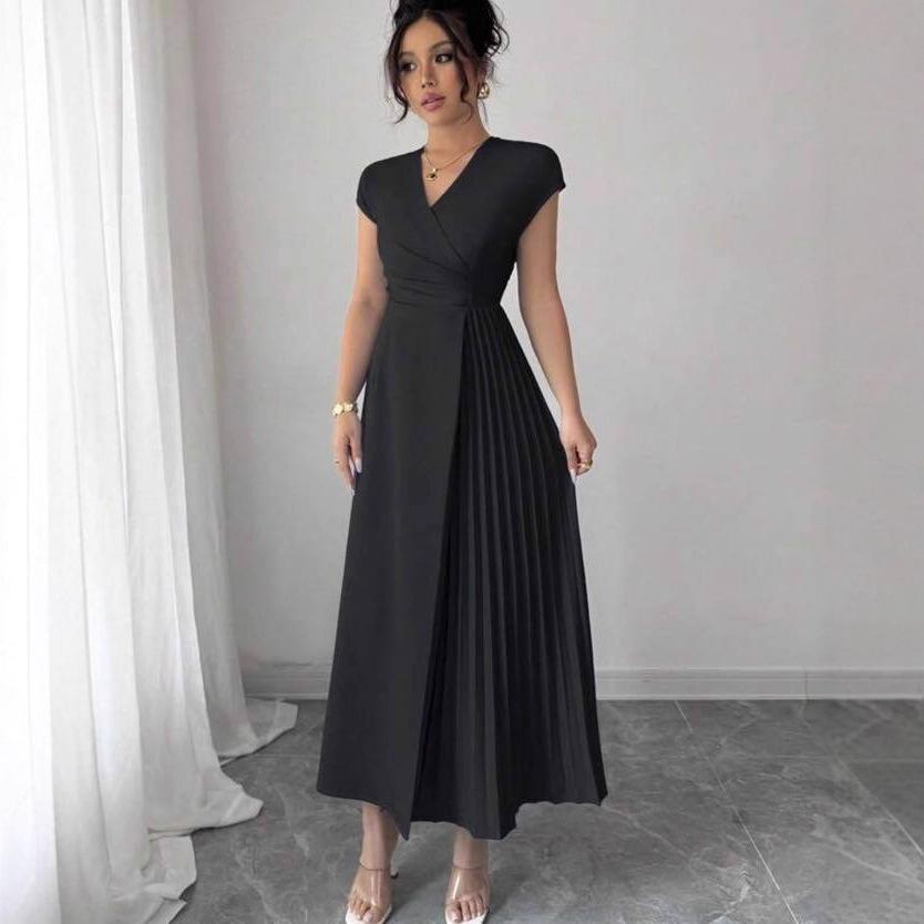 Robe décontractée slim plissée à col en V été 2025 pour femmes, style européen et américain - Nouvelle mode, tempérament