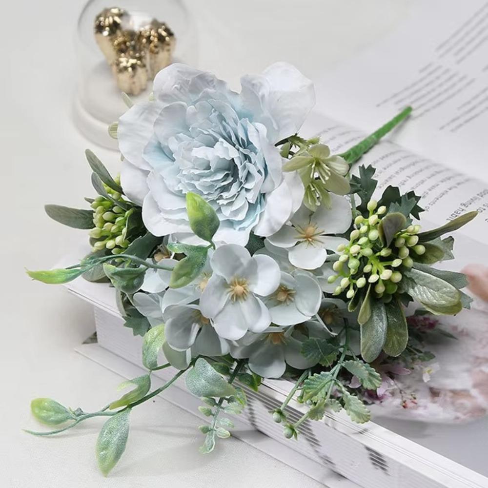 

26cm Fake Peony Bouquet 5 Heads Fake Flowers Vivid Hydrangea Bride Bouquet for Home Wedding Decor синій