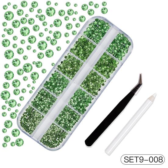 1 Set 12 Grids Nail Art Rhinestone Kit with Storage Box Drill Pen Tweezers Glass Flatback Rhinestone DIY Nail Design Crafting Decoration Fake Gems