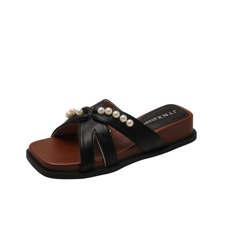 Wedge heel beaded cool slippers women's summer wear new with skirt flat bottom comfortable leisure holiday cool slippers