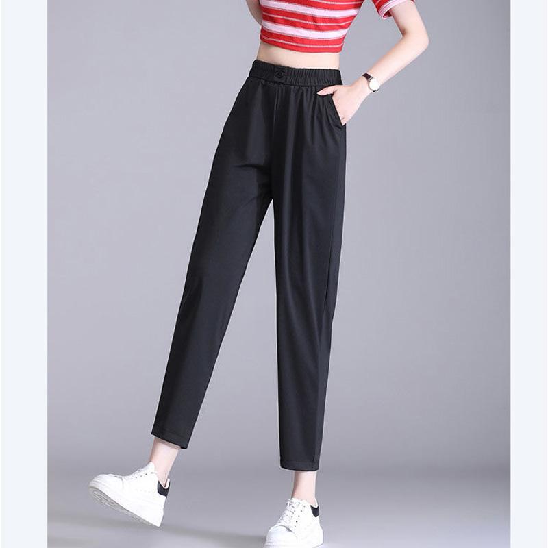 New Spring and Summer Fashion Commuting Simple Button Elastic Waist Panel Pocket Ice Silk Elastic Split Casual Women's Pant