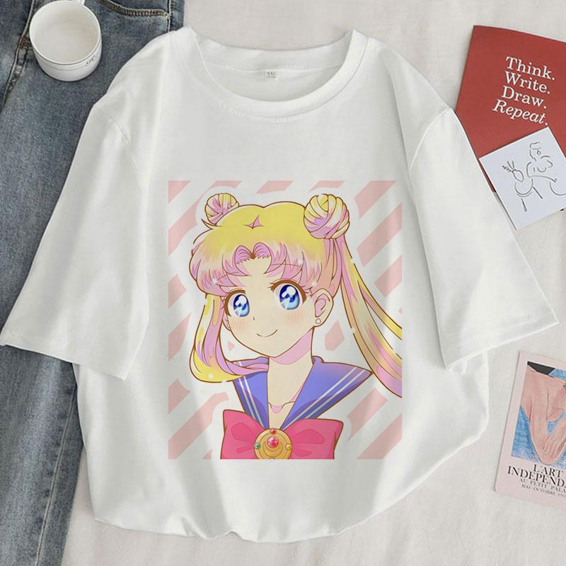 Camiseta con estampado Kawaii de Anime japonés para mujer, remera Harajuku de estética blanca y rosa, camiseta para mujer 2022