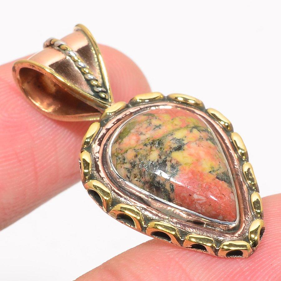 Přírodní unakitový drahokam Dvoubarevný přívěsek z masivního sterlingového stříbra 925 1,50'' F2v99