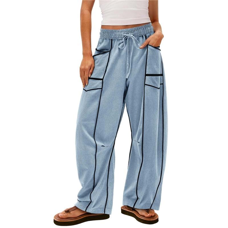 Women's Loose Wide-leg Pants, Summer Casual Pants, Drawstring Waist, Solid Color Simple Sweatpants