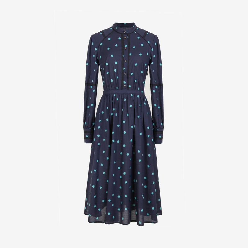 

Blue Rose Plus size women clothing Spring and Autumn Cotton Waist Hugging Dress Stand Collar Long sleeve Commuting Long dress Navy 5XL
