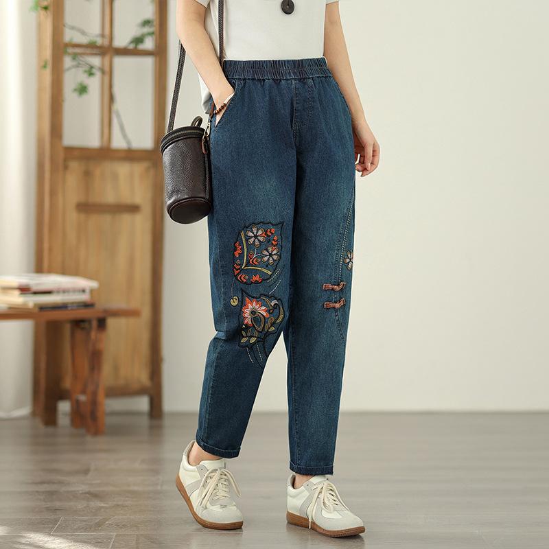 Blumenstickerei High Waist Denimhose Damen Vintage-Stil Streetwear Lässige Haremjeans Damen