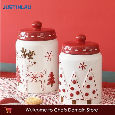JUSTINLAU Santa Claus Elk Tree Round Ceramic Sealed Jar Candied Dried Fruit Nut Food Storage Container Kitchen Accessories