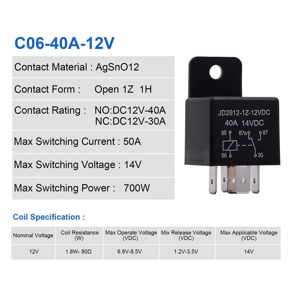 Ehdis Car Motor Relay 5pin 40A SPDT Model No .: JD2912-1Z-12VDC 40A 14VDC,