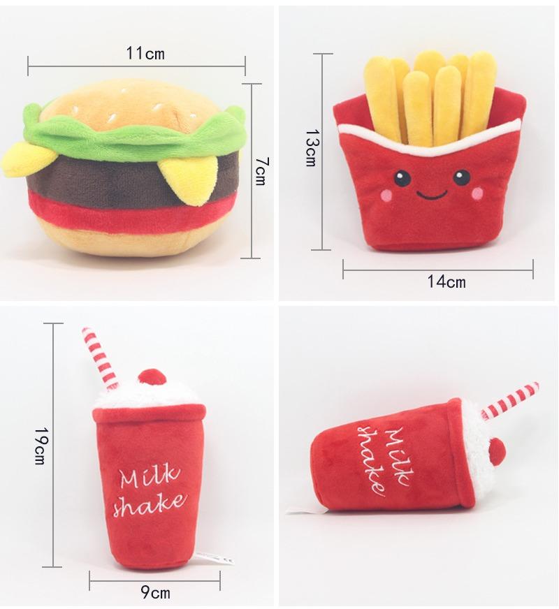 High Quality Eco-Friendly Cute Fast Food Hamburg Pizza French Fries Shape Soft Dog Toy Durable Pet Plush Squeaky Toy