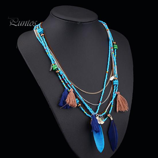 Women's Boho Ethnic Style Feathers Tassels Beads Multi-layer Chain Necklace