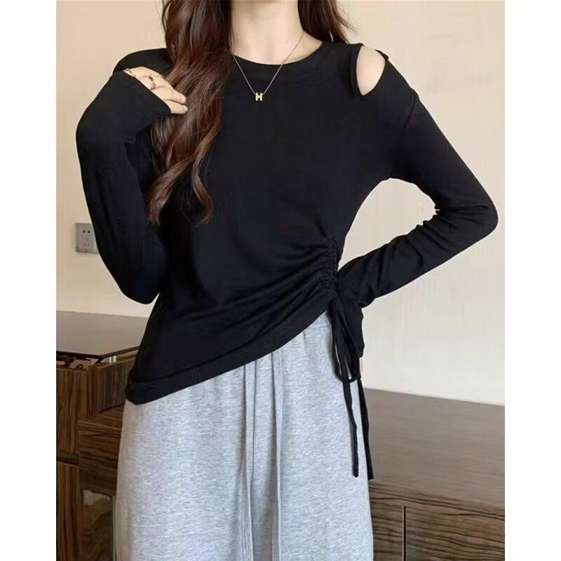 

Women s Slim Fit Off-Shoulder Drawstring Long Sleeve Top M (95-105) чёрный