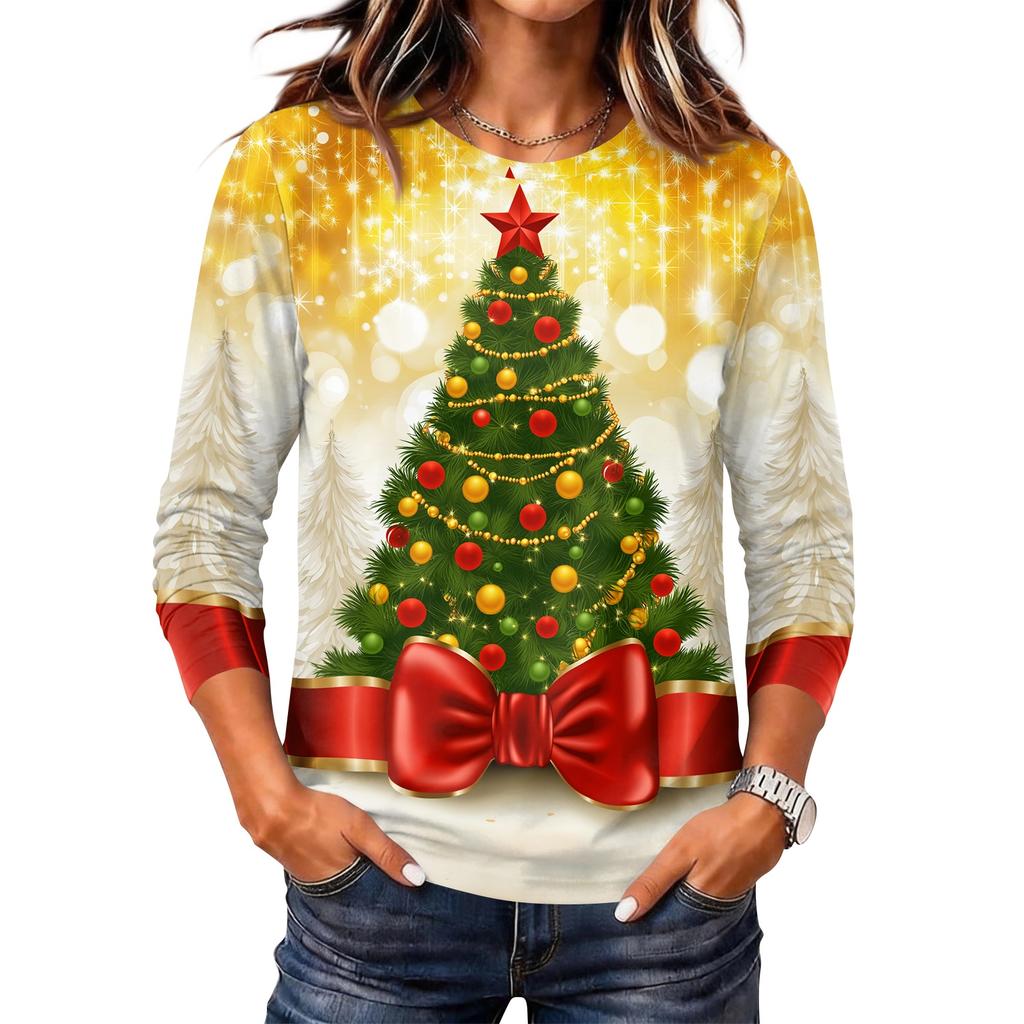 Women's Christmas Print Long Sleeve Neck Pullover Top