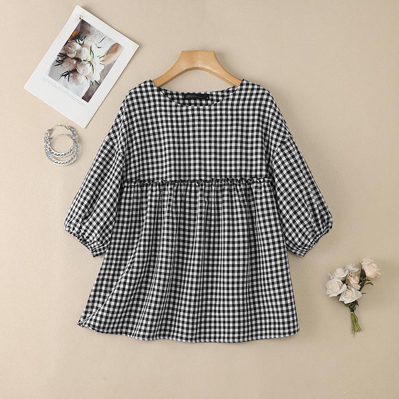 ZANZEA Women Casual Round Neck Half Sleeve Loose Plaid Print Blouse