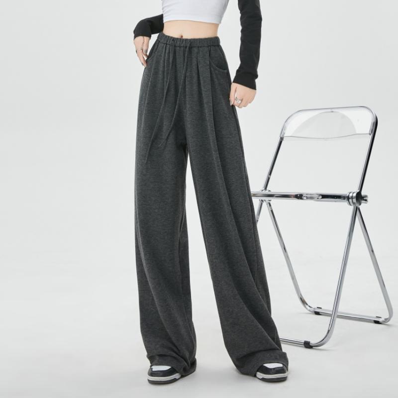 Nova Moda Sólida Casual Calças de Perna Larga para Mulheres Elegante Solta Reta Cintura Alta Calças Femininas Bolsos Cordão Calças Esportivas Femininas 25710