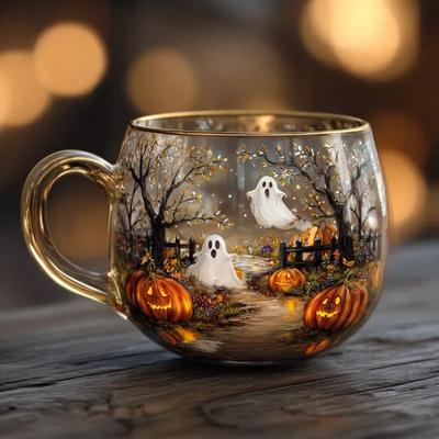 Halloween Tasse Lustige Tee Kaffeetasse 400ml Handbemalte Gruselige Glastasse für Heiße Kalte Getränke Weihnachtsfeier Geschenk Strumpffüller