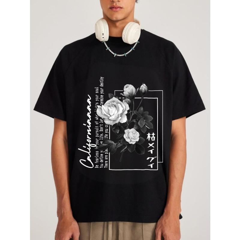 Black T Shirt Men California Rose Floral Print With Japanese Text And Inspirational Quote Streetwear Casual Fashion For Daily Wear And Urban Style