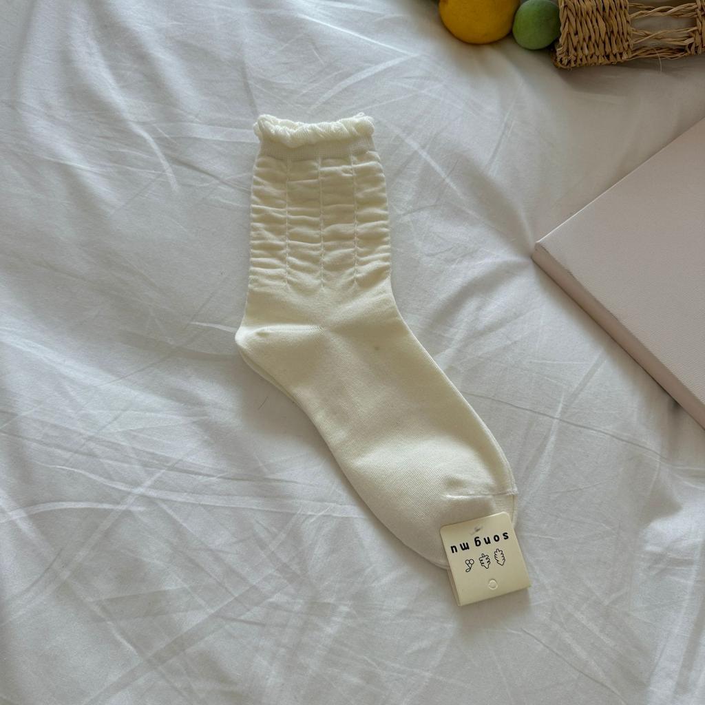 Shirring Lace Socks Mid-Tube Niche Simple Style Spring And Autumn New Product Stack Socks Solid Color Student Socks Casual