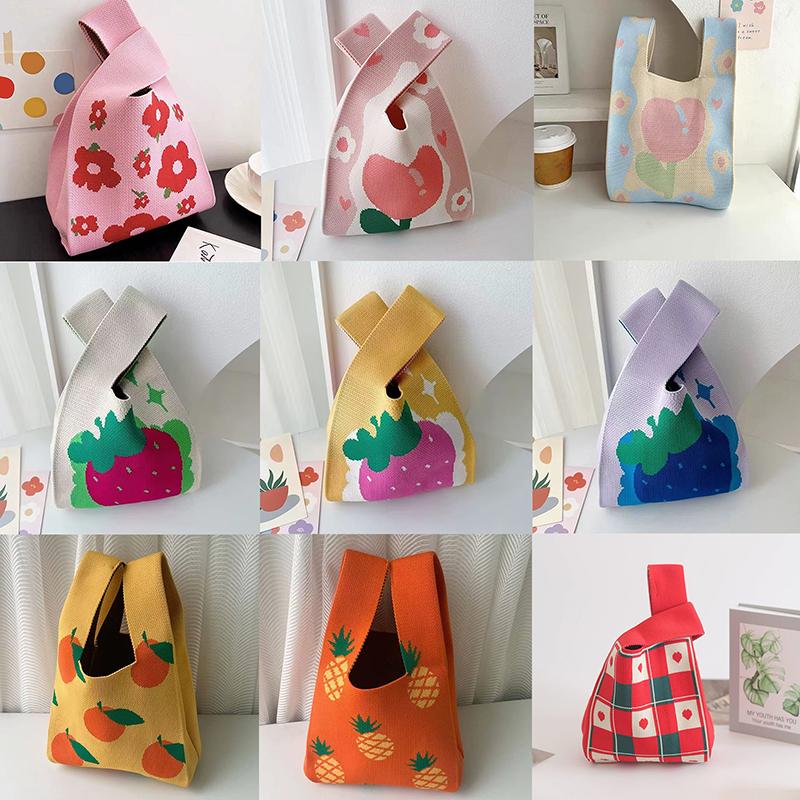 Przenośna Mini Pasiasta Torba Tote Ręcznie Robiona Dzianinowa Torba Damska Węzeł na Nadgarstek Torba Wiaderko na Telefon Duża Pojemność Jesień Zima Torebki