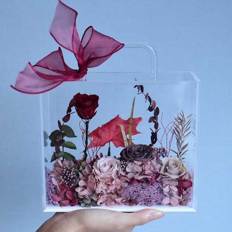 Acrylic Handheld Flowers Box Gift Wrapping Bag with Handle Reusable Bag for Bridesmaids Wedding Birthday