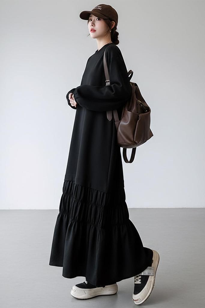 Chubikime Sweat Long Loose Ruffled Crew Maxi Plus Spring Women's Dress, Sleeve, Fit, Flattering, Hem, Neck, Length, Sizes, Relaxed, Cute, Fall,