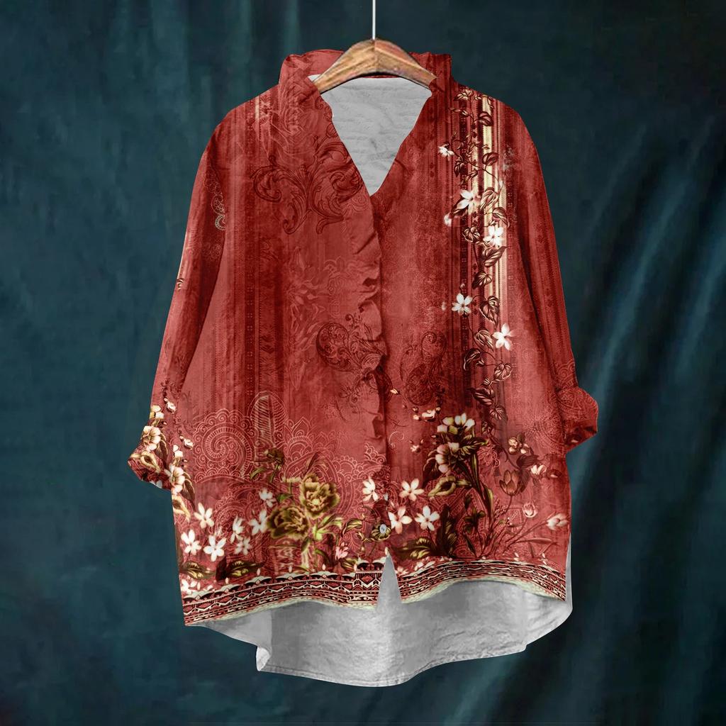 Dame Løs Volangert Blomstert Trykk Ståkrage Langermet Bomull og Lin Topp