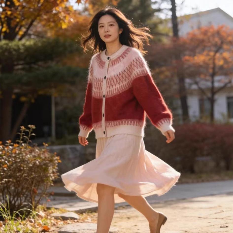Retro Contrasting Colors Jacquard Fair Island Autumn And Winter New Sweater Jacket Women'S Loose Korean Soft Waxy Versatile Knitted Cardigan