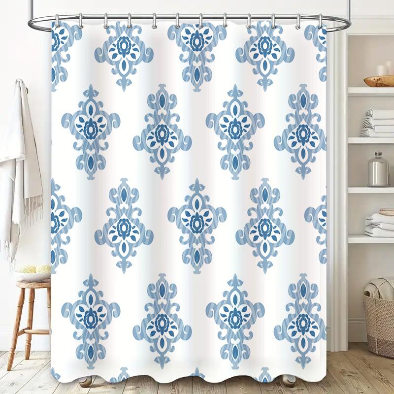 Blue Floral Shower Curtain Waterproof Bath Rug Decorative Home Decor Set Bathroom Shower Room Decorations for Kids Girls White B
