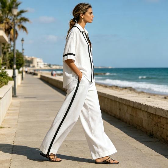 Conjuntos de 2 Peças Color Block para Mulheres Camisas de Manga Curta com Decote em V Profundo e Calças de Perna Larga Conjuntos de Verão para Relaxar