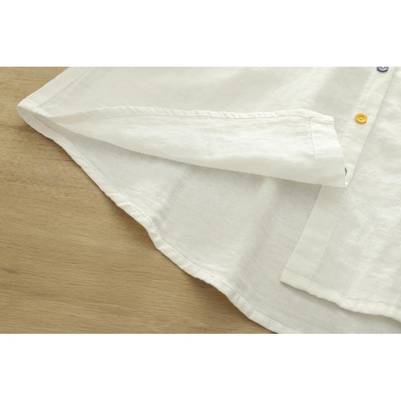 Artistic and fresh breathable cotton gauze turn-down collar short-sleeve shirt for women, casual summer double-layer gauze top