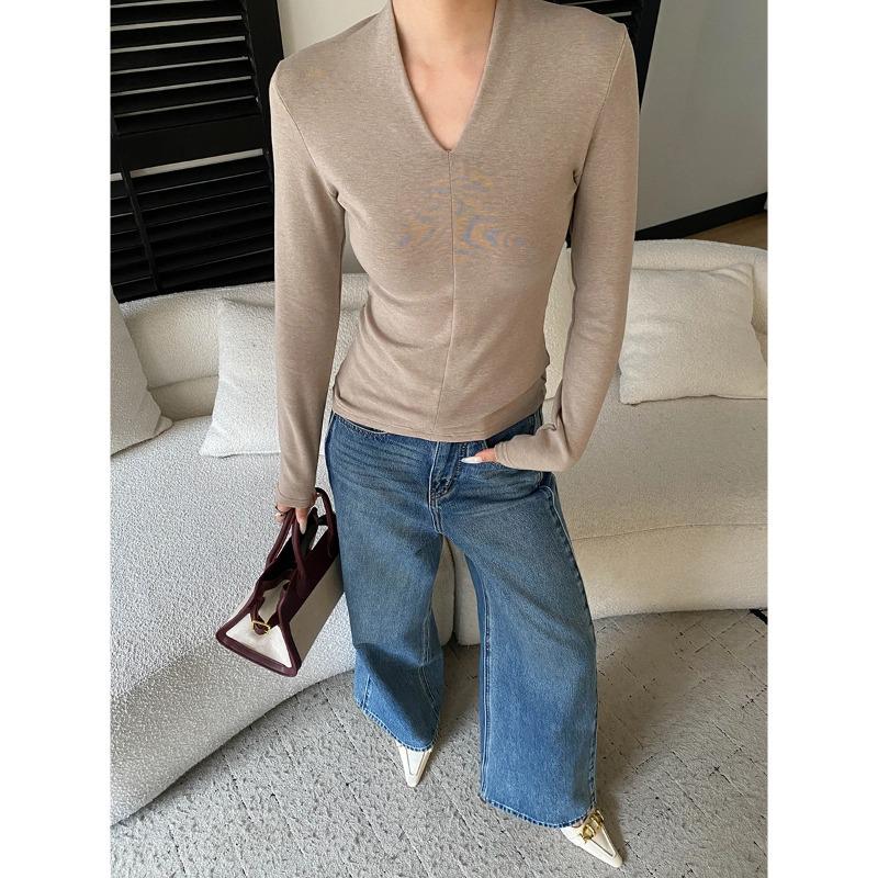 Sinan Early Spring French V-Neck Slimming Fleece Long Sleeve Base Shirt SN8552 Medium