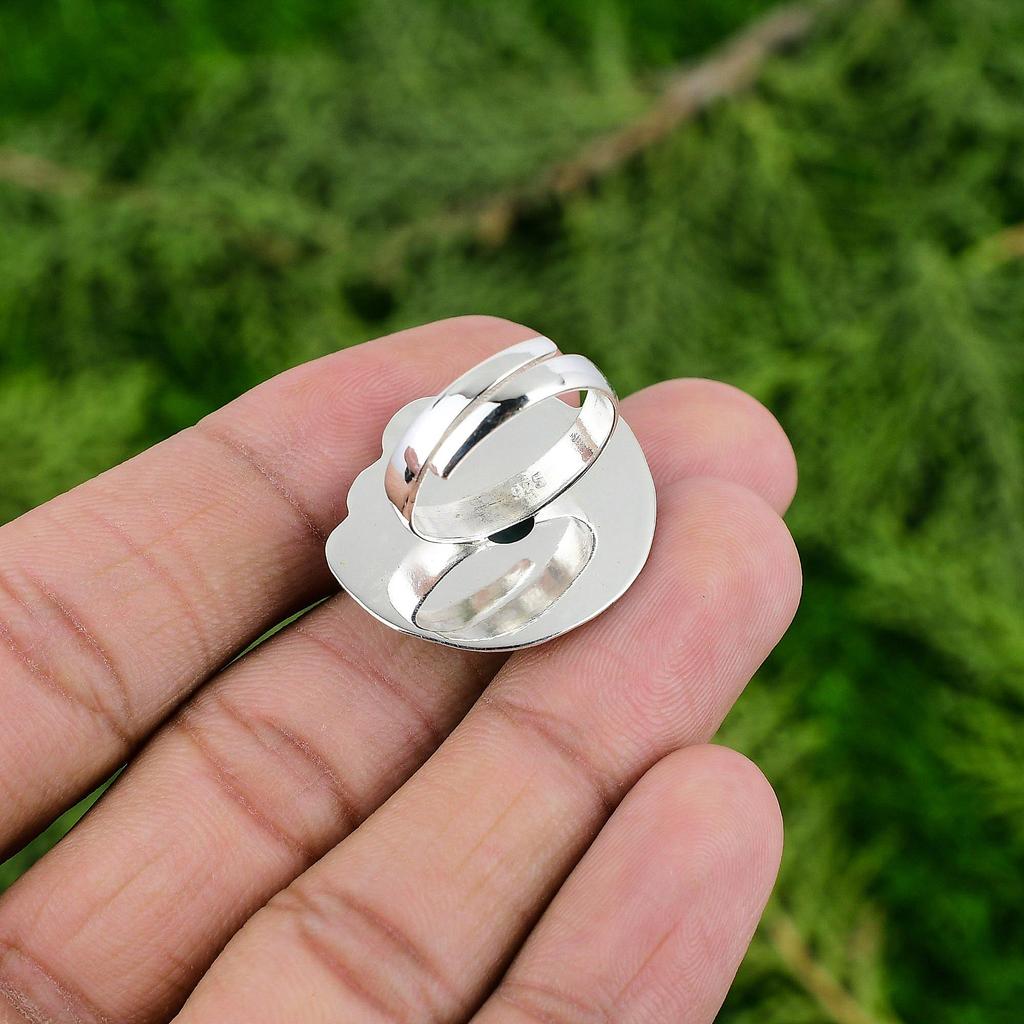 Gift For Her 925 Silver Natural Larimar Stackable Flower Adjustable Ring