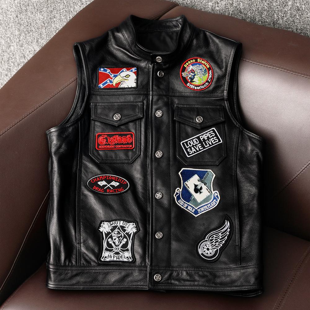 

Новый мужской жилет из натуральной кожи, лицевая коровья кожа, вышитая байкерская куртка, мотоциклетная жилетка для езды, модный 4XL чёрный