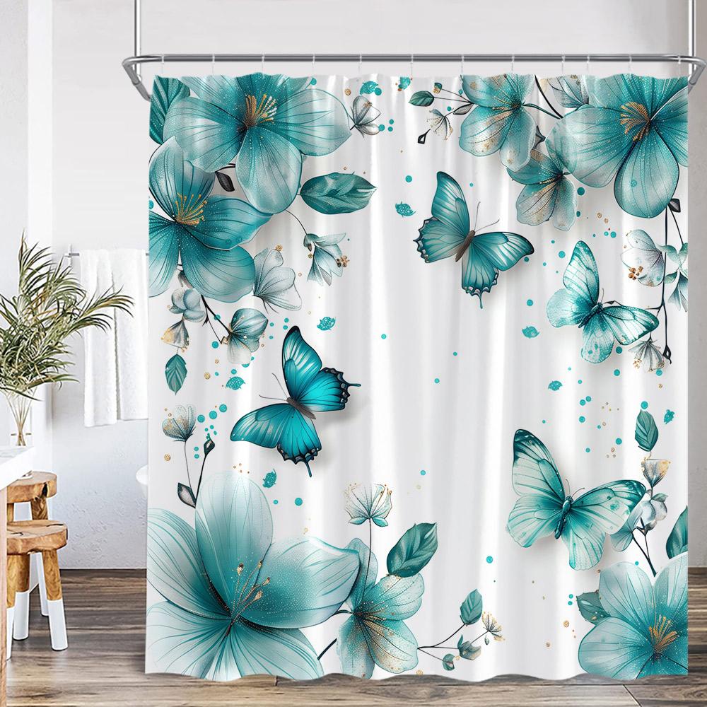 

Butterfly Floral Shower Curtain Flower Plant Pink Purple Teal Butterflies Bathroom Decor Elegant Modern Polyester Bath Curtain W60H190(CM)-1 Pcs