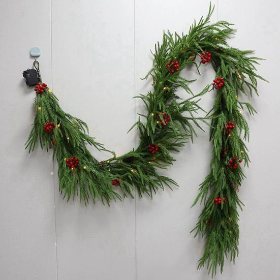 Yousheng Pre-lit Artificial Christmas Garland with LED Lights Real Touch Winter Greenery Pine Garland with Red Berries for Table Mantle Fireplace